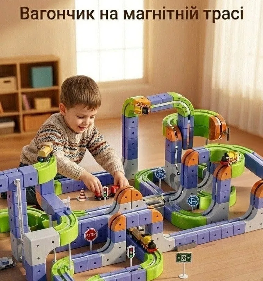 Дитина грає з багаторівневим магнітним конструктором-потягом на підлозі