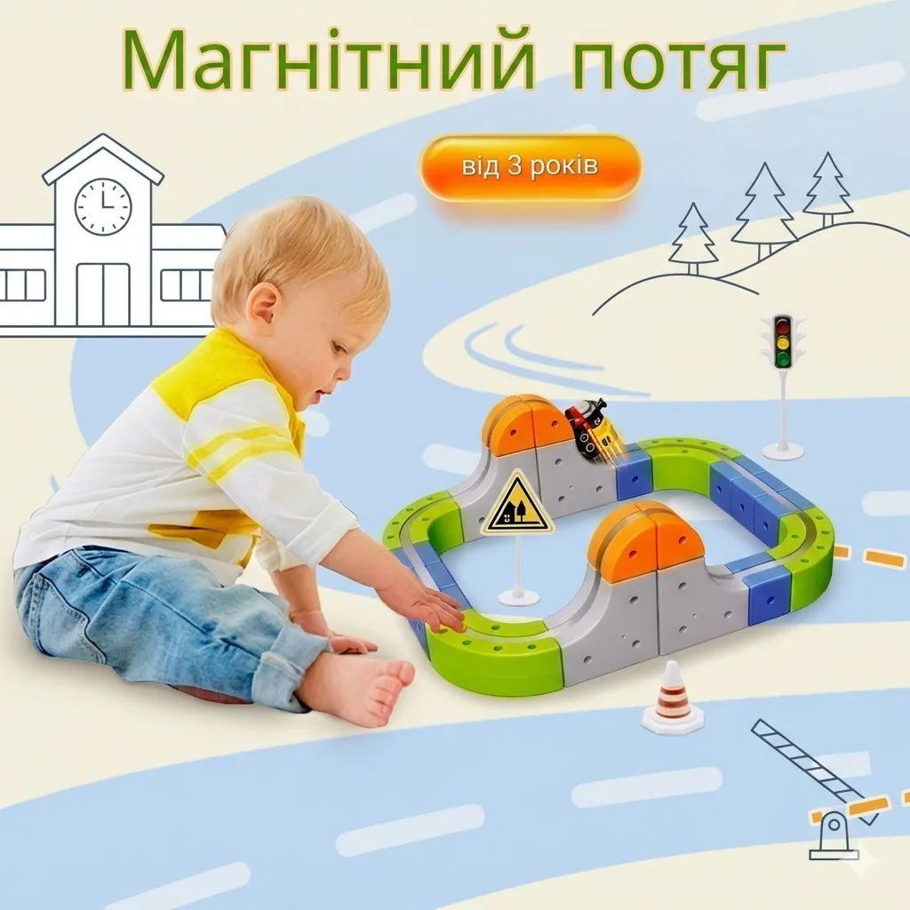 Дитина грається з магнітним конструктором-потягом на 55 деталей