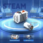 Комплектація електронних компонентів конструктора STEM Logic: основний блок керування з інтерфейсами та два електричні двигуни з кабелями