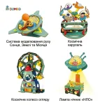 Чотири моделі з набору DUMKO Електрика: система Сонце-Земля-Місяць, космічна карусель, колесо огляду та лампа-нічник НЛО