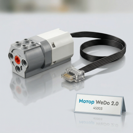 Студійне фото Мотор для моделювання WeDo 2.0 (артикул 45303) з інформаційною табличкою на світлому фоні з відображенням