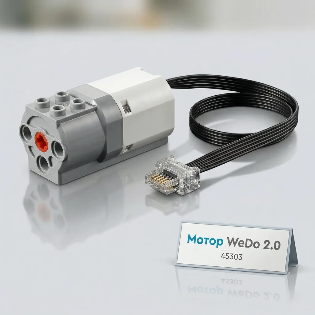 Студійне фото Мотор для моделювання WeDo 2.0 (артикул 45303) з інформаційною табличкою на світлому фоні з відображенням