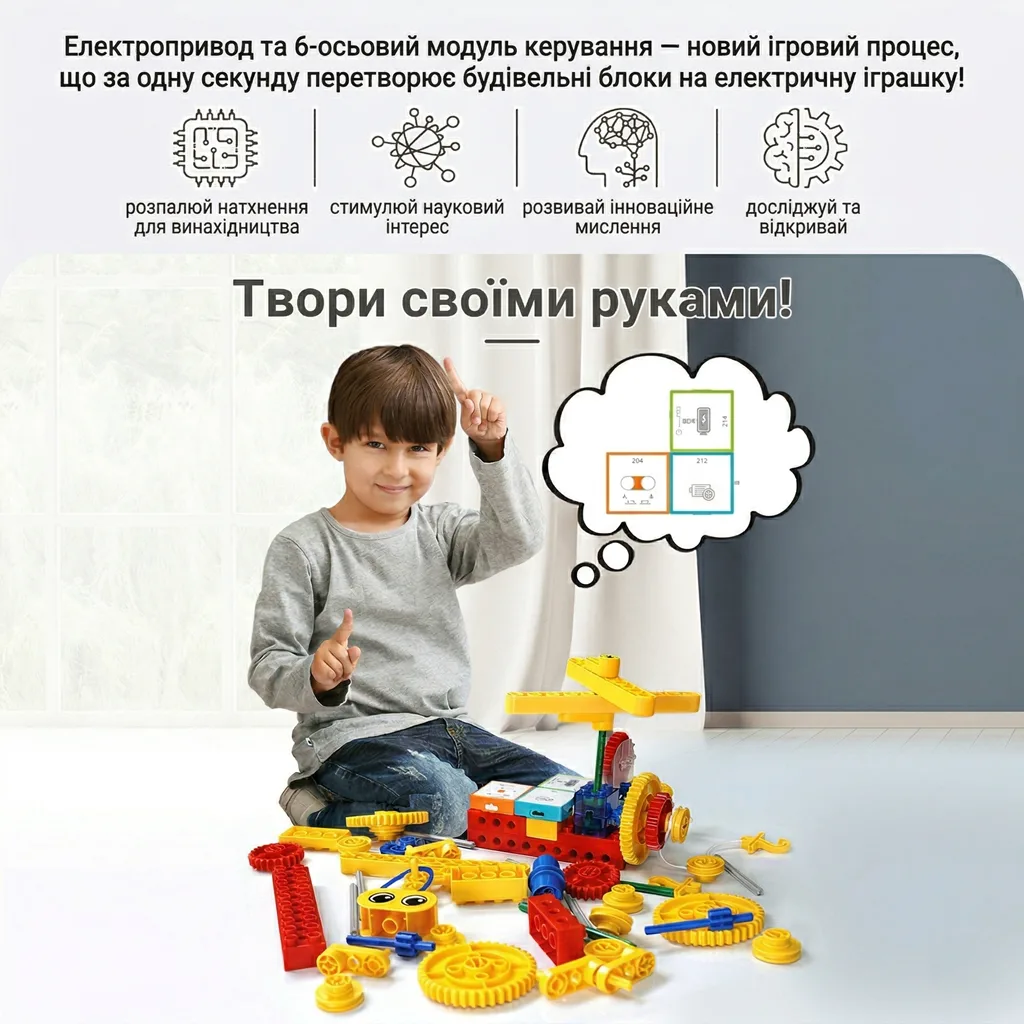 Дитина збирає електричну іграшку з конструктора для розвитку логічного мислення