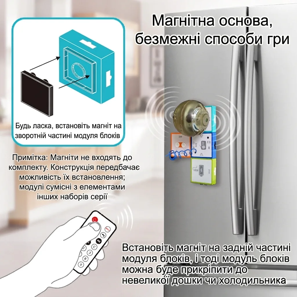 Демонстрація встановлення модулів збірної конструкції на металеву поверхню холодильника за допомогою магнітних основ та дистанційне керування пультом
