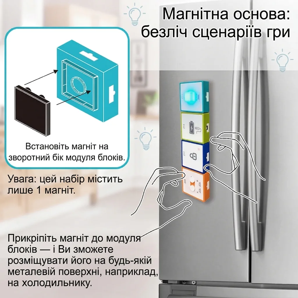 Інструкція зі встановлення магніту на зворотний бік модуля для його фіксації на металевих поверхнях, наприклад на холодильнику
