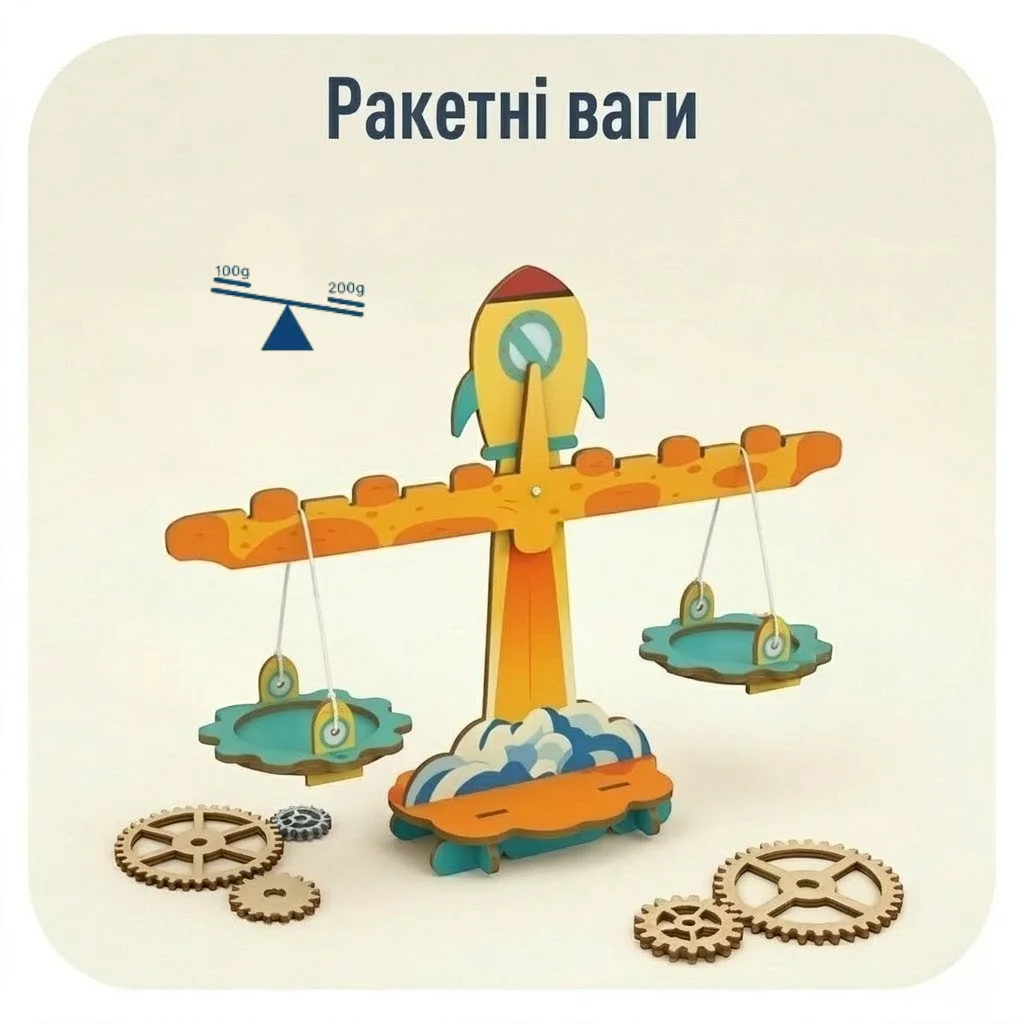 Збірна дерев'яна модель Ракетні ваги з набору STEAM Механіка для вивчення рівноваги та маси порівняння предметів