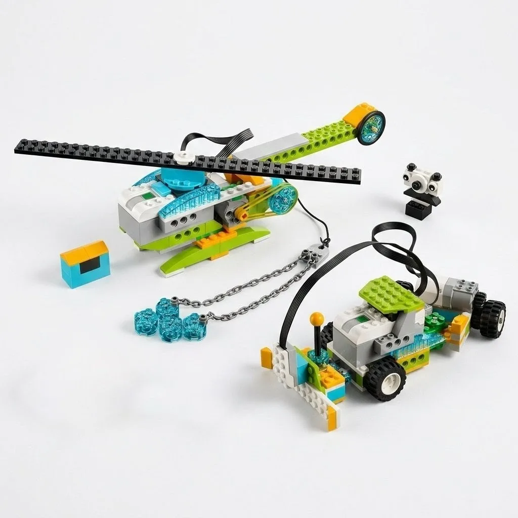 Зібрані моделі вертольота та вантажівки з компонентів WeDo 2.0 Education
