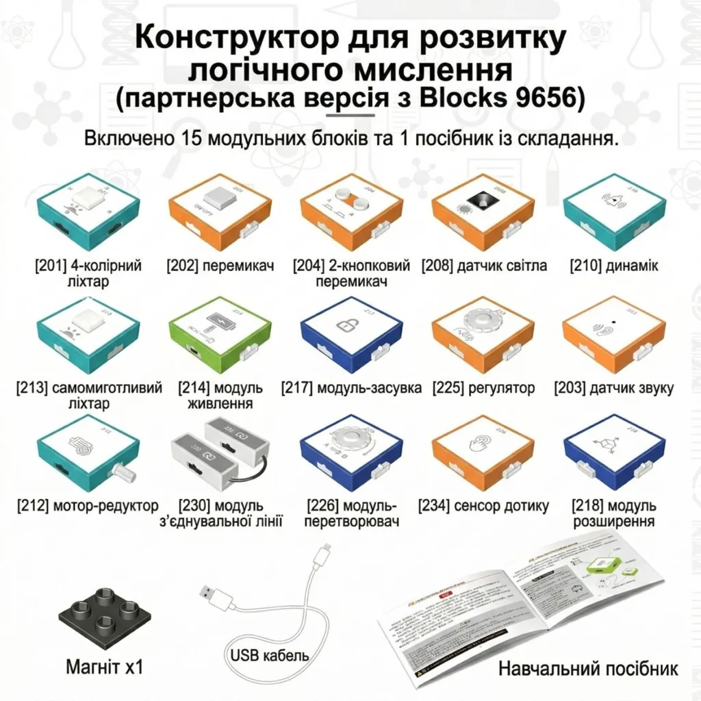 Склад партнерської версії конструктора: 15 модульних блоків (ліхтарі, датчики, мотор-редуктор), магніт, USB-кабель та навчальний посібник