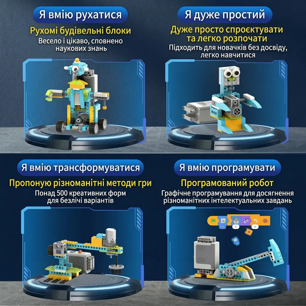 Опис функцій конструктора STEM Logic на 680 деталей: програмування рухів, трансформація моделей та графічний інтерфейс керування для дітей