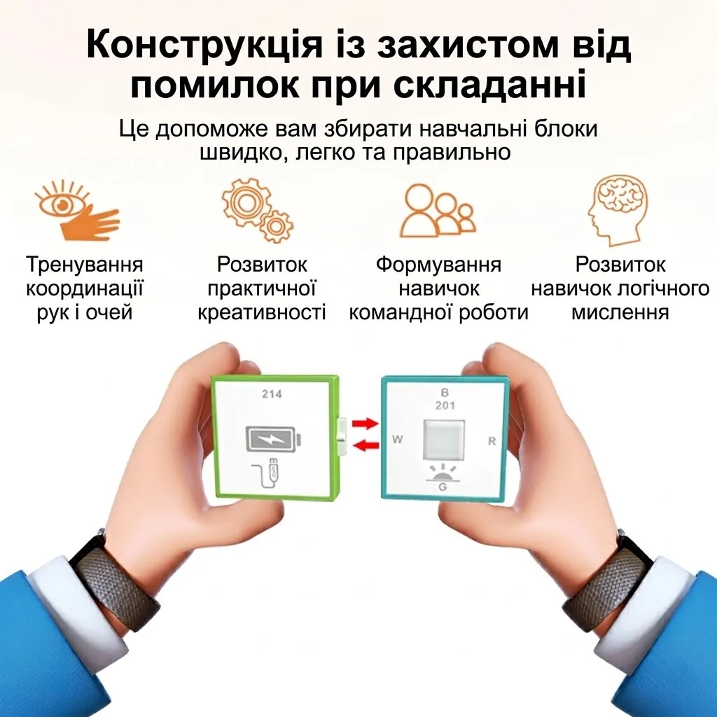 Демонстрація правильного з'єднання двох модулів руками та інфографіка про розвиток координації, креативності, командної роботи та логічного мислення