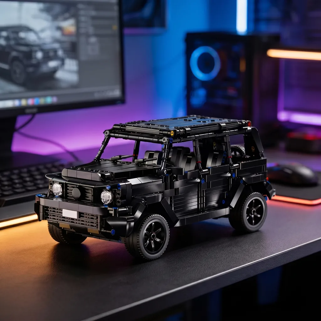 Конструктор Mercedes-Benz G-Class чорний на робочому столі з неоновим підсвічуванням інтер'єрний декор