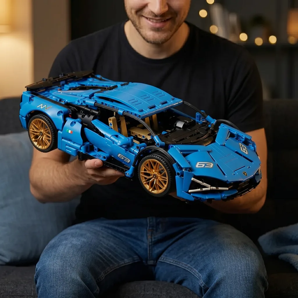 Великий конструктор Lamborghini Sian синього кольору в руках дорослого чоловіка колекційна модель