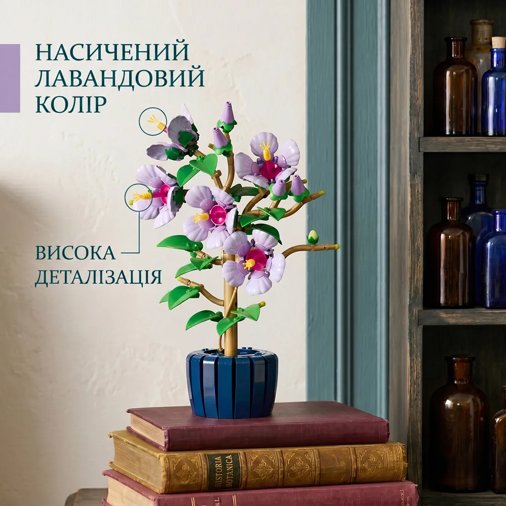 Інфографіка конструктора Гібіскус: акцент на насиченому лавандовому кольорі та високій деталізації тичинок і пелюсток на фоні вінтажних книг