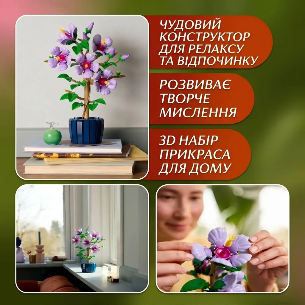 Інфографіка конструктора Гібіскус із прикладами використання в інтер'єрі, процесом збірки та описом переваг: релакс, розвиток мислення та декор для дому