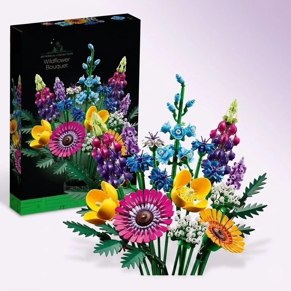 Інтер'єрний конструктор Букет польових квітів: зібрана модель Wildflower Bouquet поряд із подарунковою упаковкою