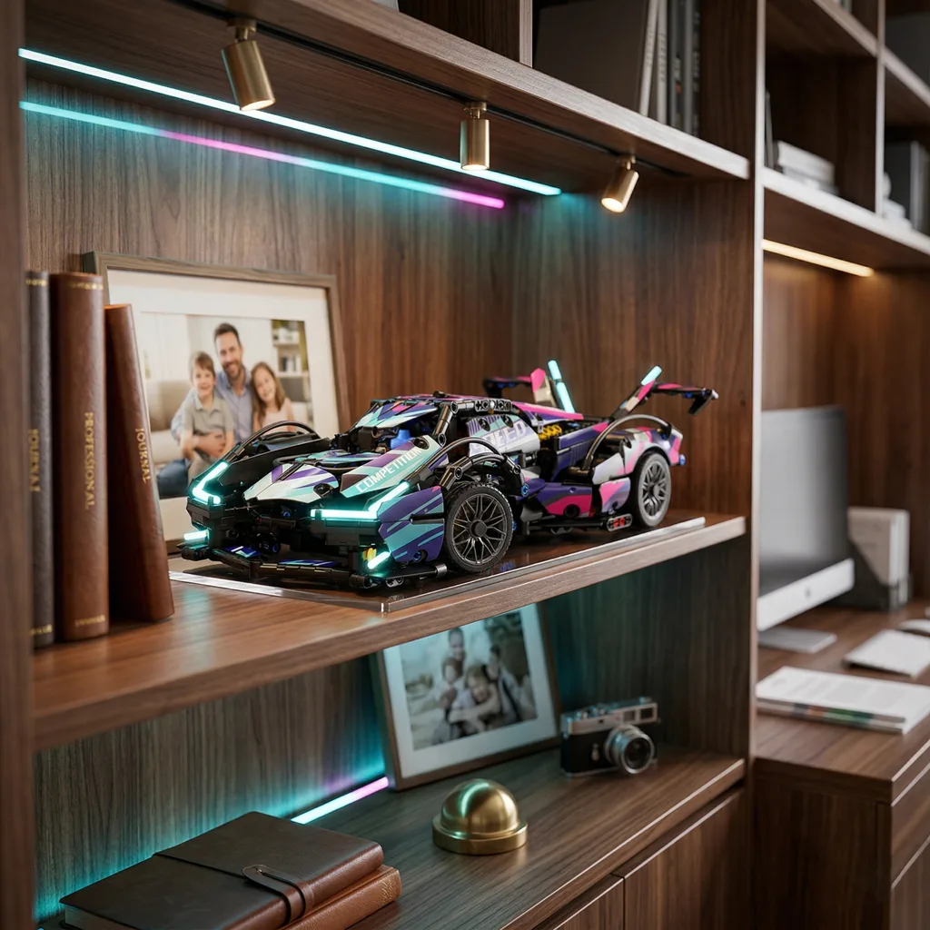 Колекційна модель Lamborghini з підсвіткою у сучасному інтер'єрі на дерев'яній полиці