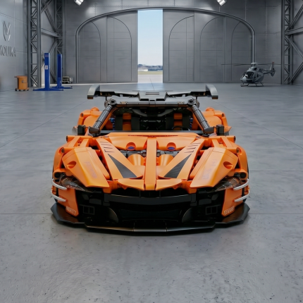 Фронтальний вигляд конструктора McLaren P1 GTR Orange у стилізованому гаражі