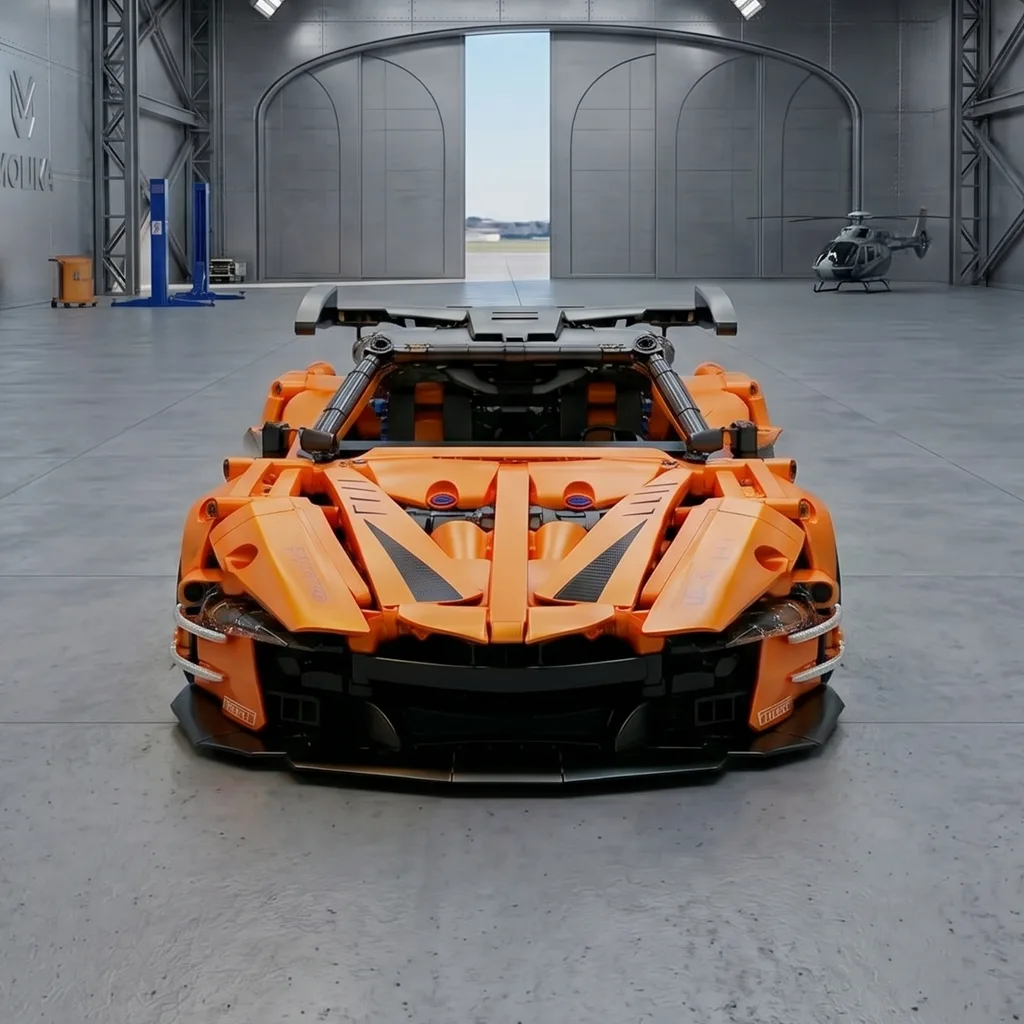 Фронтальний вигляд конструктора McLaren P1 GTR Orange у стилізованому гаражі