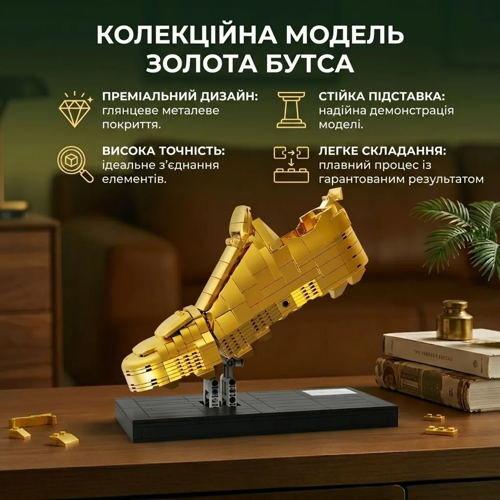 Колекційна модель золота бутса на дерев'яному столі з описом переваг преміальний дизайн та стійка підставка