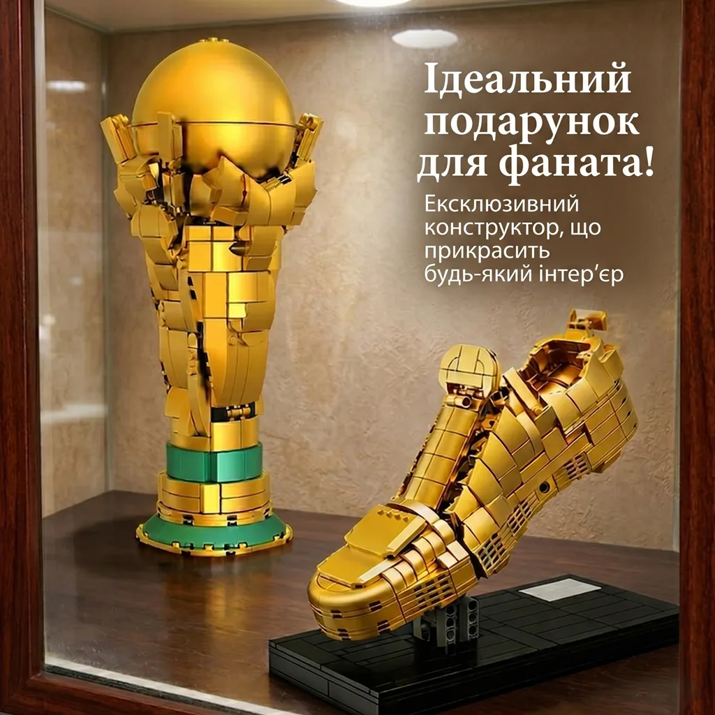 Колекція футбольних нагород із конструктора золота бутса та кубок світу у вітрині ідеальний подарунок для фаната