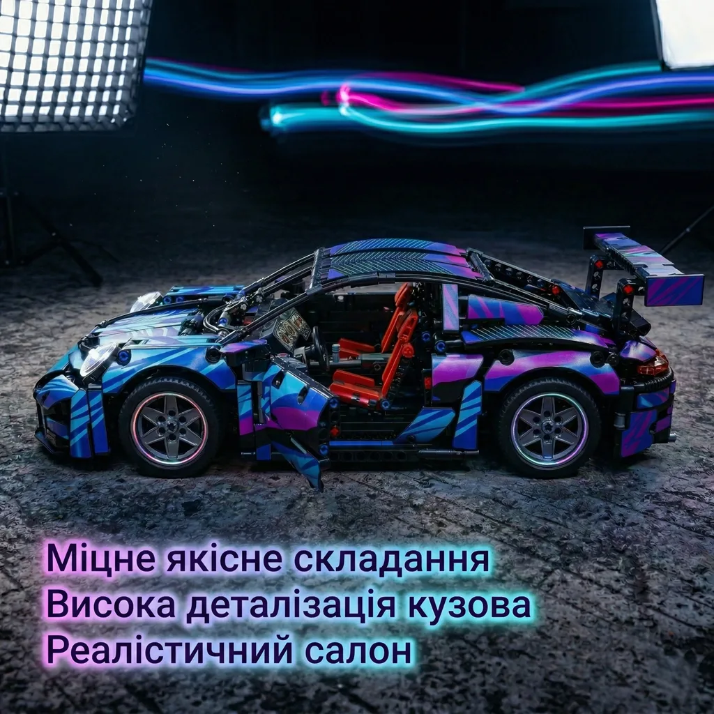 Деталізований салон конструктора Porsche 911 GT3 RS з відкритими дверима якісна збірка моделі