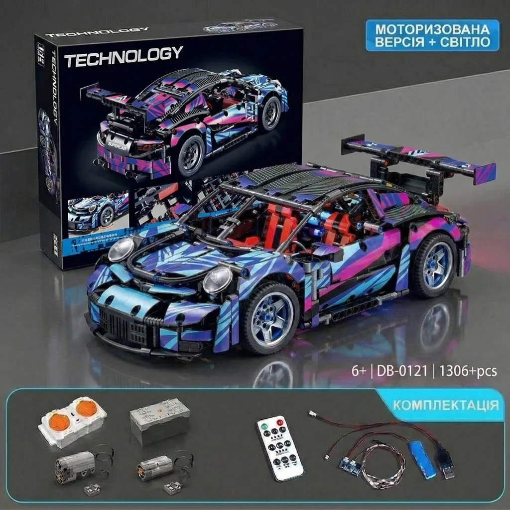 Радіокерований конструктор Porsche 911 GT3 RS з мотором та світлом 1306 деталей на пульті керування