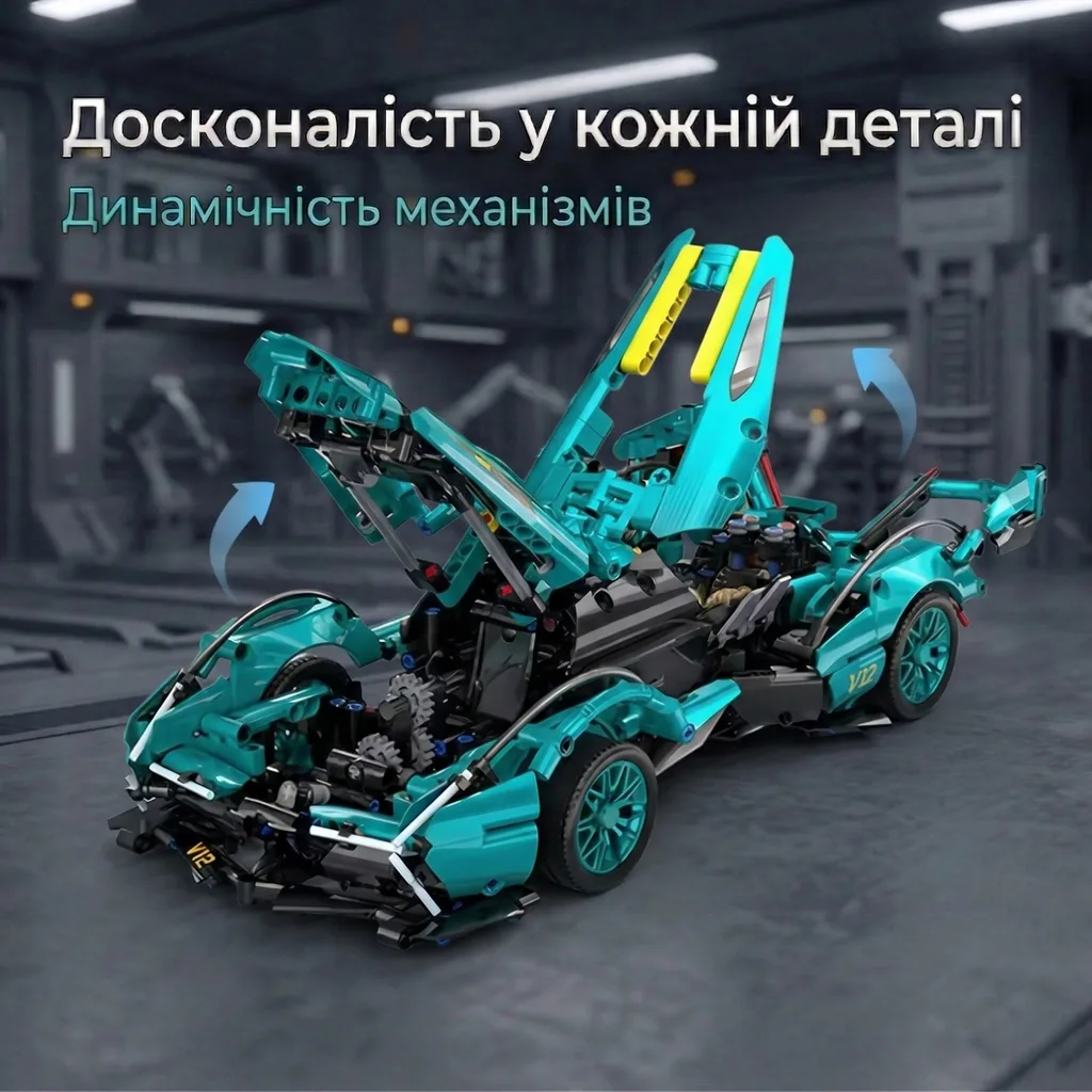 Конструктор спорткара Lamborghini з функцією відкриття капота та дверей, демонстрація внутрішніх механізмів