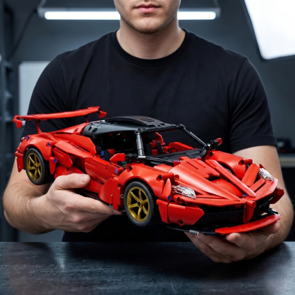 Демонстрація розміру конструктора Ferrari червоний суперкар Технік у руках велика модель