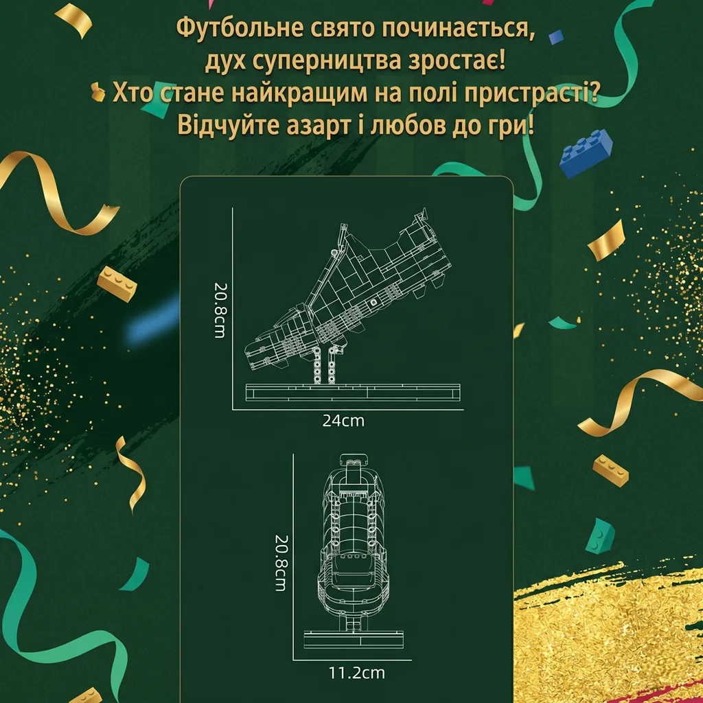 Схема з розмірами конструктора золота бутса висота 20.8 см та довжина 24 см на зеленому святковому фоні