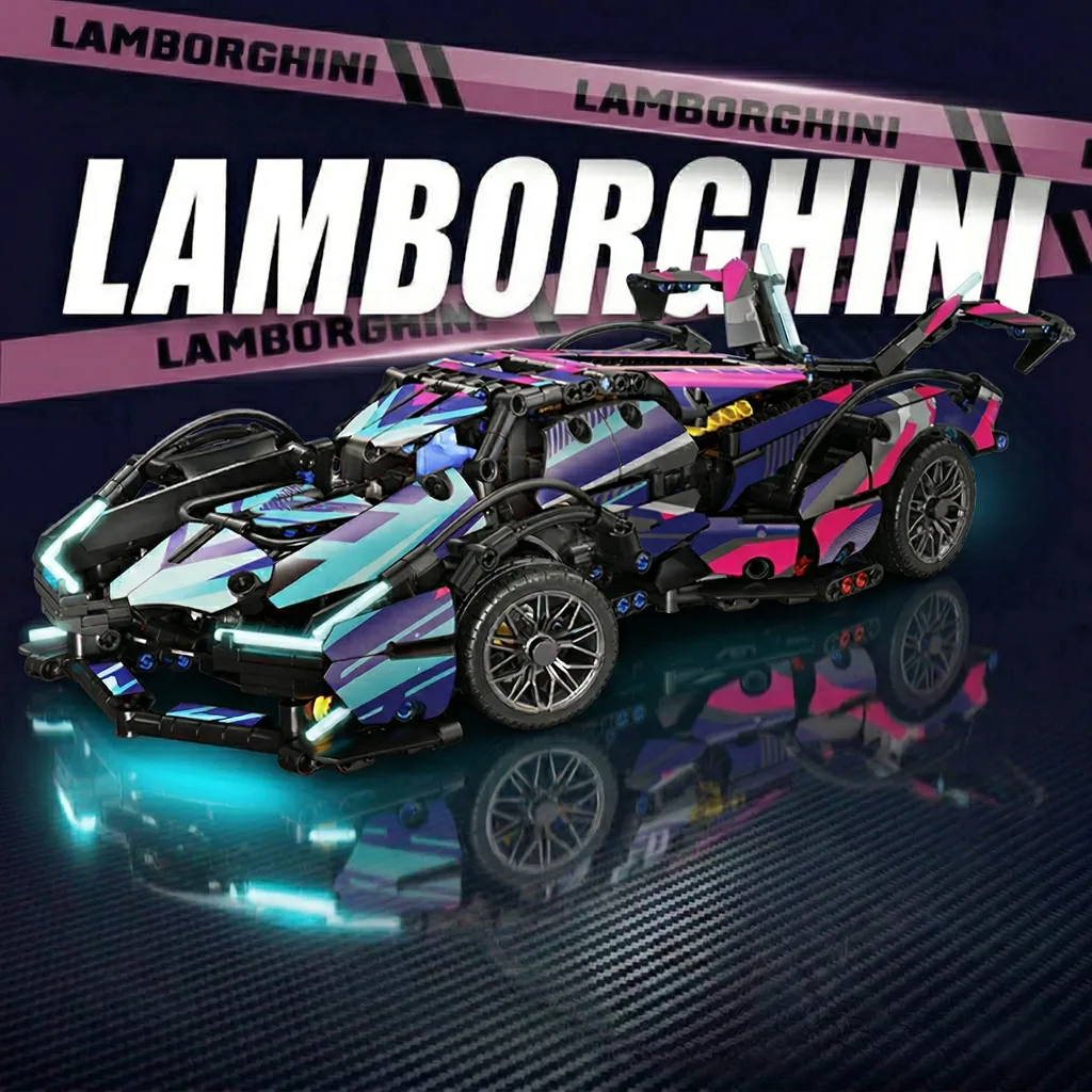 Спортивний автомобіль конструктор Lamborghini у яскравому неоновому дизайні з ефектом віддзеркалення на поверхні