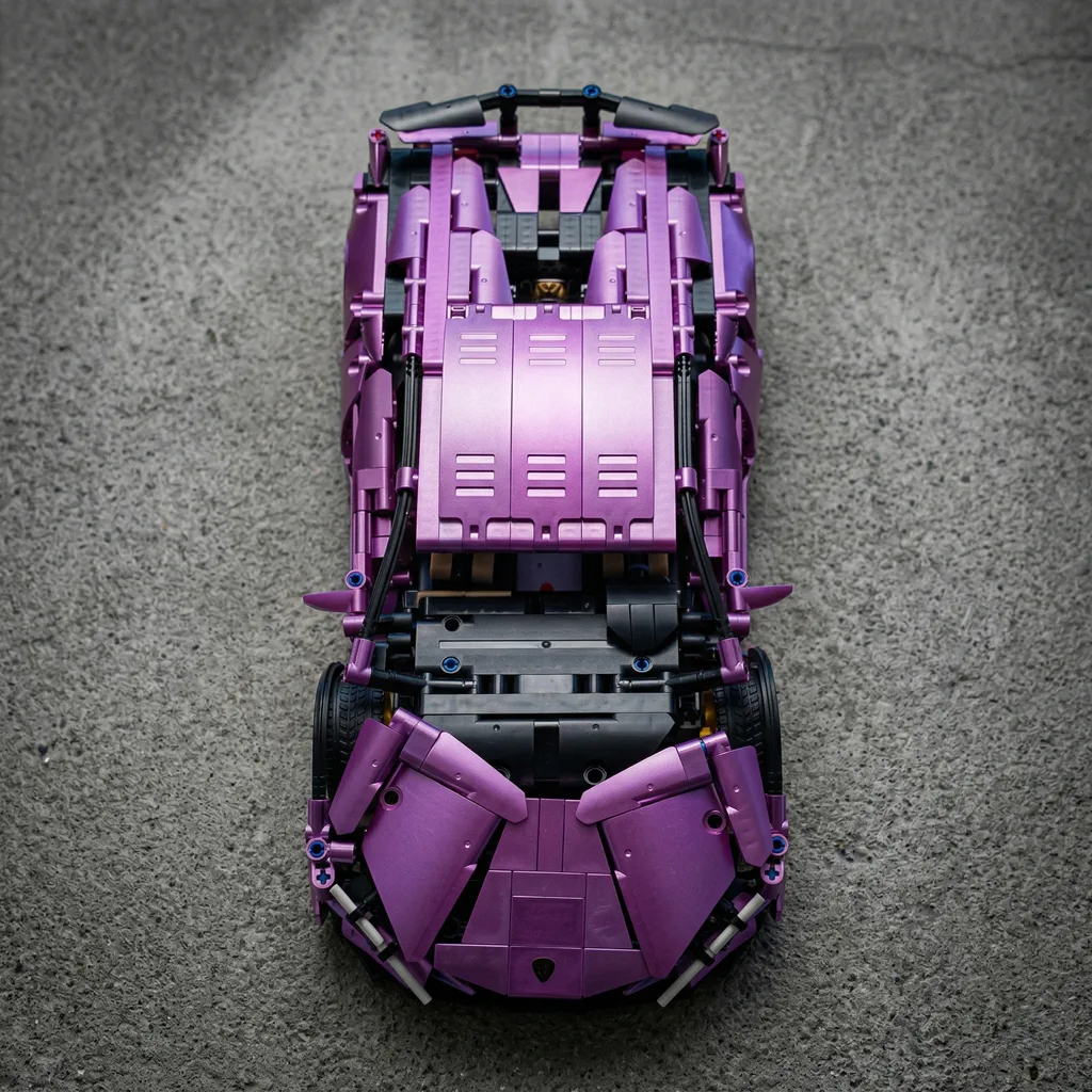 Конструктор Lamborghini Sian фіолетовий хром вигляд зверху деталізований корпус Ламборгіні Сіан колекційна модель на бетоні тип Technic