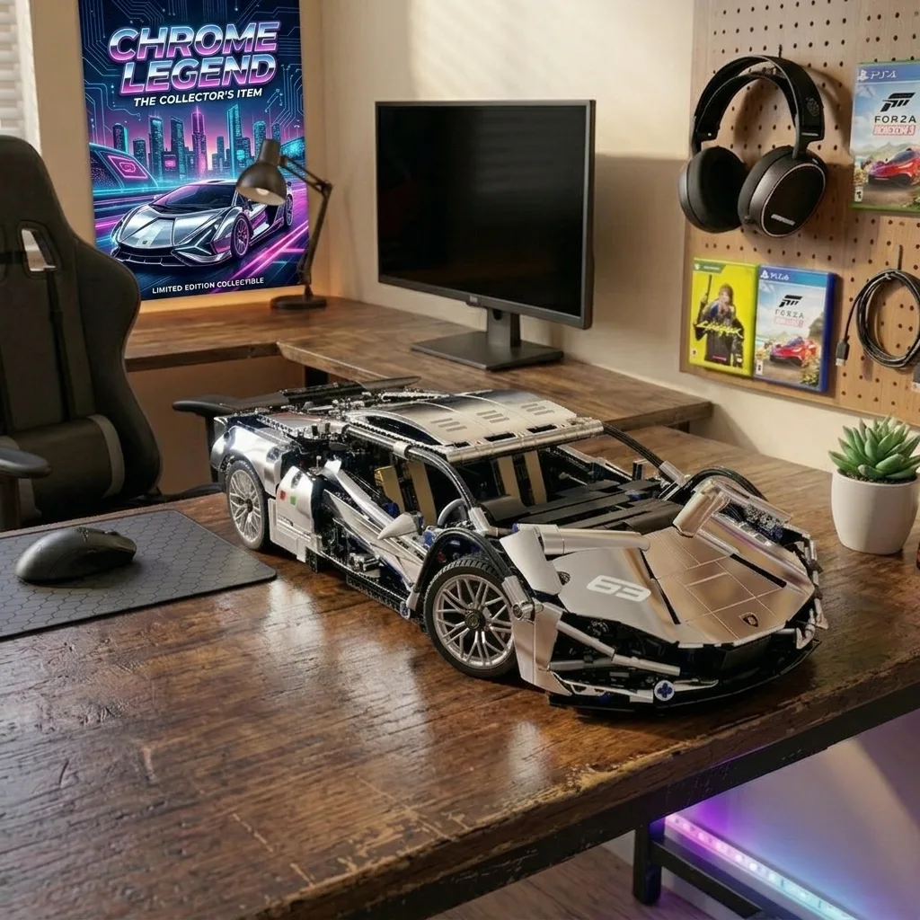 Конструктор Lamborghini Sian сріблястий хром в інтер'єрі геймерської кімнати з кастомним постером Chrome Legend преміальна модель Ламборгіні Сіан тип Technic