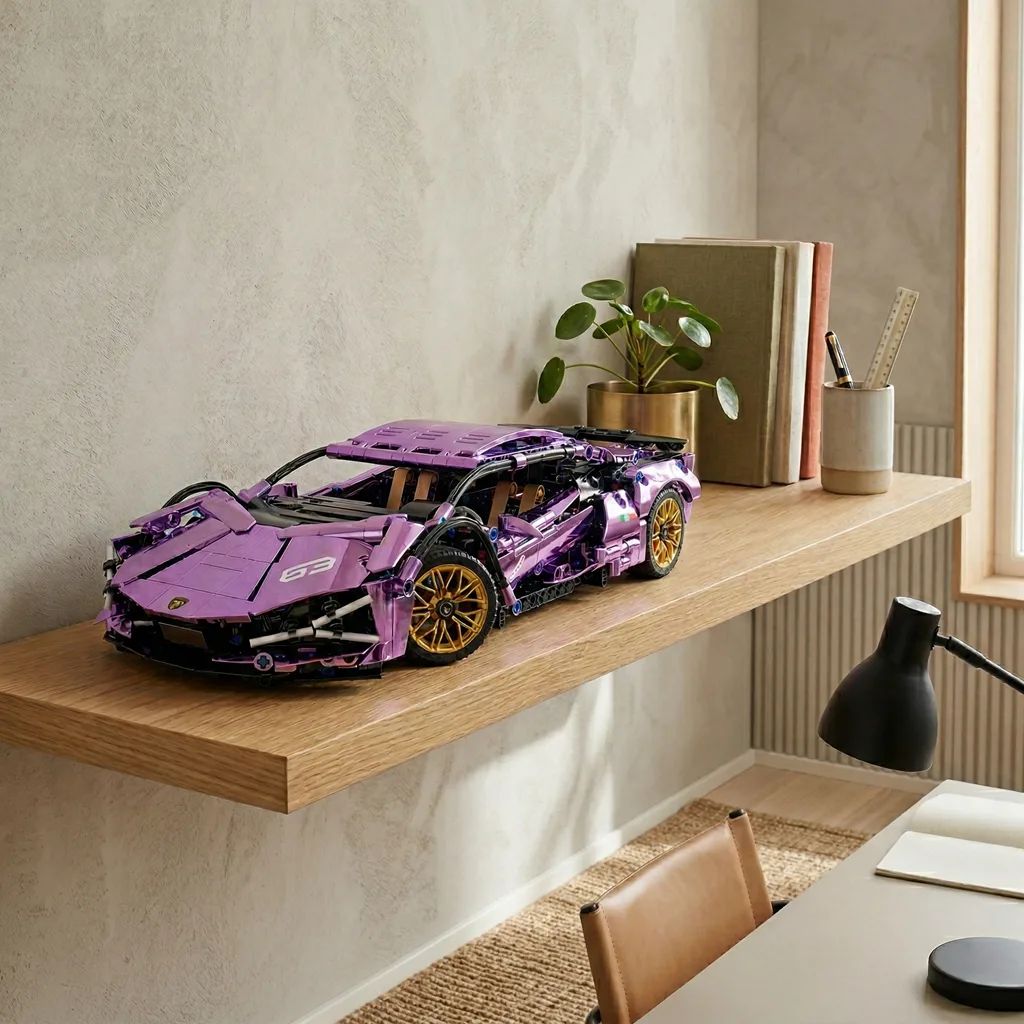 Конструктор Lamborghini Sian фіолетовий хром в інтер'єрі на полиці колекційна модель Ламборгіні Сіан преміальний подарунок для чоловіків та дітей
