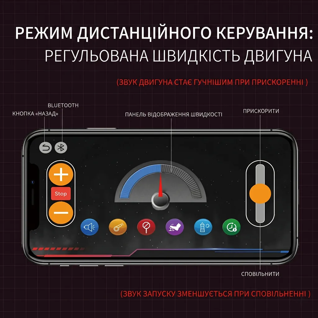 Інтерфейс мобільного додатка для дистанційного керування швидкістю та звуком двигуна через Bluetooth