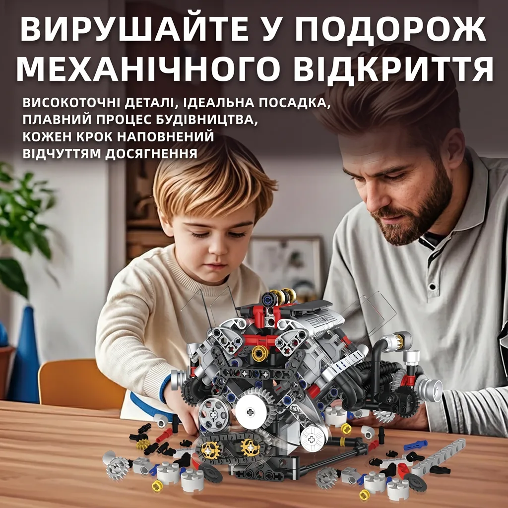 Спільне складання механічного конструктора двигуна V10 як розвиваюче хобі для батьків та дітей