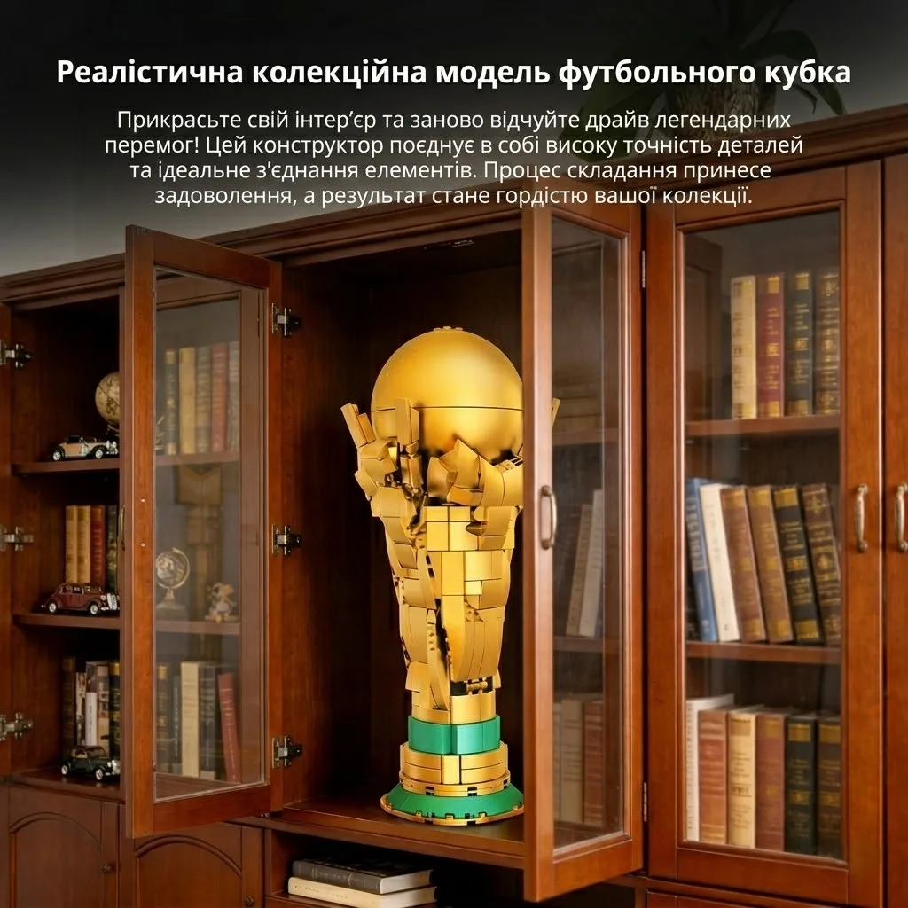 Зібрана колекційна модель футбольного кубка золотистого кольору на полиці в інтер’єрі вітальні