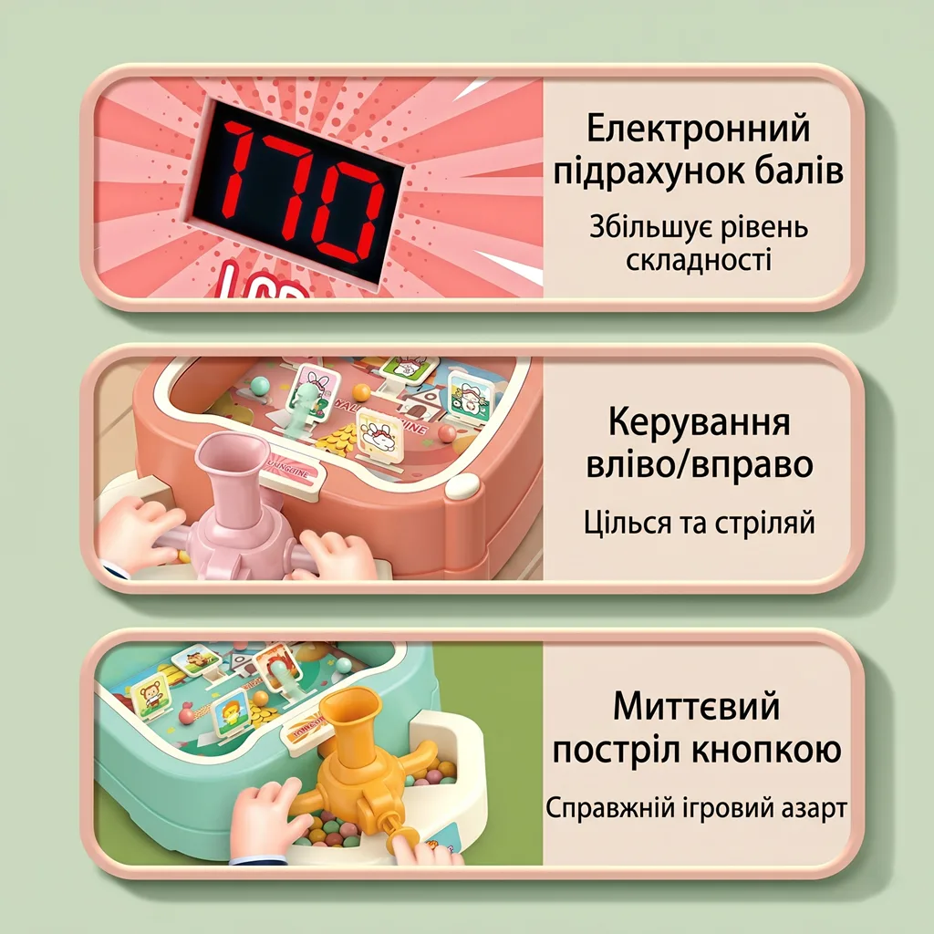 Опис функцій дитячого настільного пінболу: електронний підрахунок балів, керування катапультою вліво та вправо, а також миттєвий постріл кнопкою