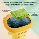 Інфографіка екрана дитячого цифрового мікроскопа українською мовою: демонстрація шарів IPS-матриці з розширеною колірною гамою та структури відображення текстури листка для точних і чітких досліджень