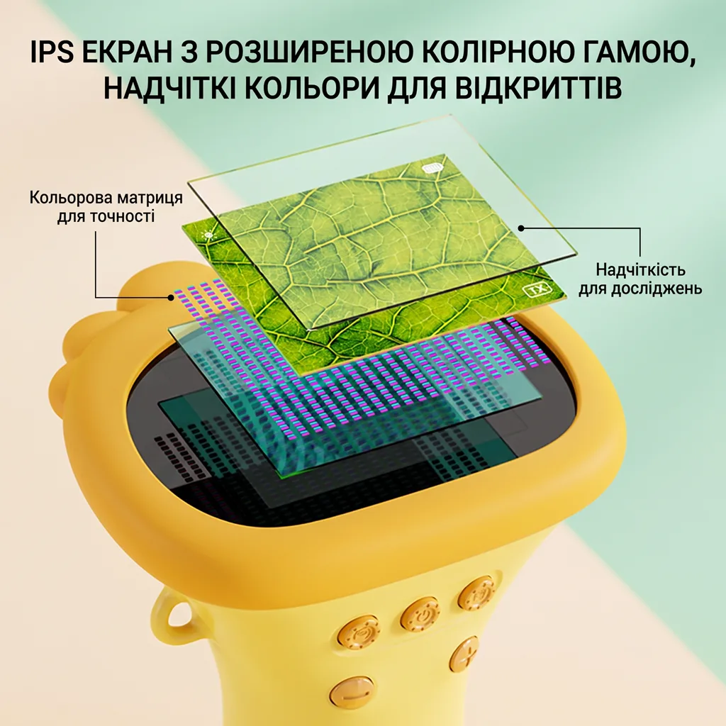 Інфографіка екрана дитячого цифрового мікроскопа українською мовою: демонстрація шарів IPS-матриці з розширеною колірною гамою та структури відображення текстури листка для точних і чітких досліджень