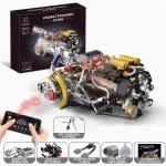 Збірний динамічний двигун V8 з ефектом пара на 1394 деталі з коробкою, смартфоном для керування та іконками комплектації