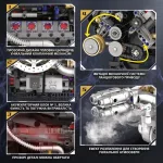 Інфографіка функцій динамічного двигуна V8: прозора головка циліндрів, акумуляторний блок, механізм ланцюгового приводу та ефект вихлопного розпилення