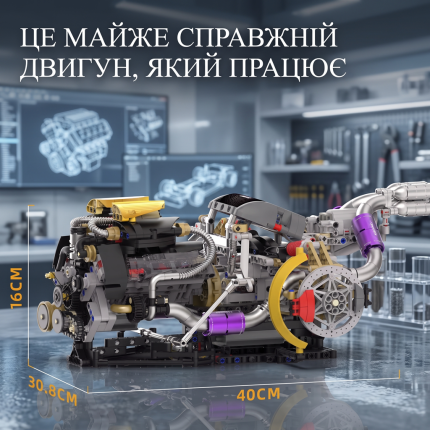 Зібрана модель динамічного двигуна V8 із зазначенням габаритів: довжина 40 см, ширина 30.8 см та висота 16 см на тлі майстерні