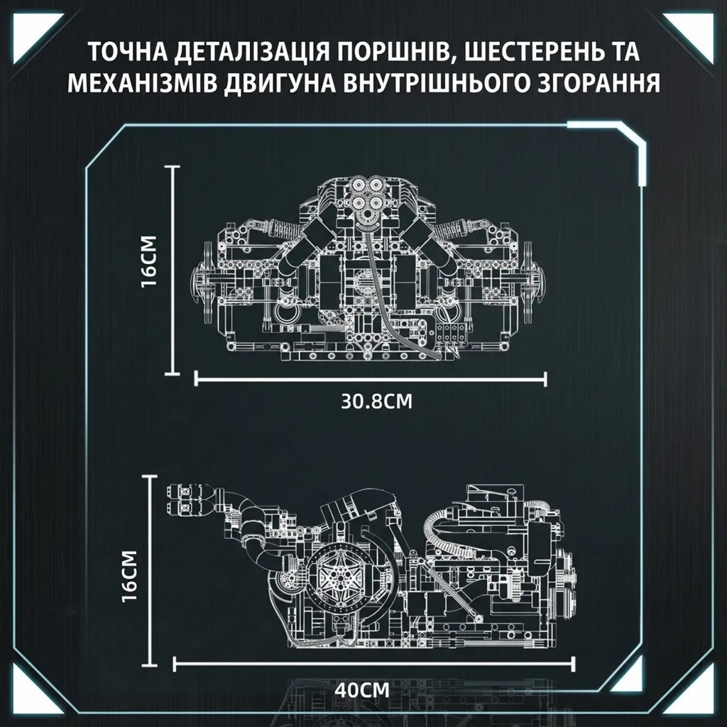 Інженерне креслення деталізації поршнів та механізмів двигуна внутрішнього згоряння з габаритами: 40 см довжина, 30.8 см ширина та 16 см висота