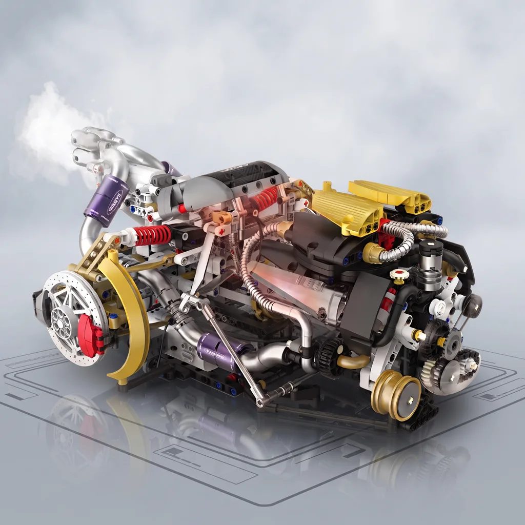 Зібраний динамічний блоковий двигун V8 з ефектом вихлопної пари та підсвічуванням на дзеркальній поверхні