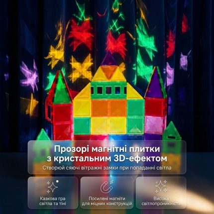 Сяючий замок із прозорих кольорових деталей магнітного 3D-конструктора з вітражними візерунками світла на фоні та текстовою інфографікою
