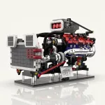 Зібрана механічна модель двигуна V8 з ручним приводом, нагнітачем та радіатором на демонстраційній підставці