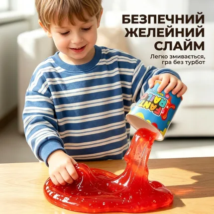 Хлопчик виливає безпечний желейний слайм зі стаканчика для створення траси ігрового слайм-треку з машинкою