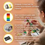 Інфографіка характеристик інтер'єрного конструктора Дерево бонсай: сумісність деталей, міцний ABS-пластик, фірмова коробка та покрокова кольорова інструкція