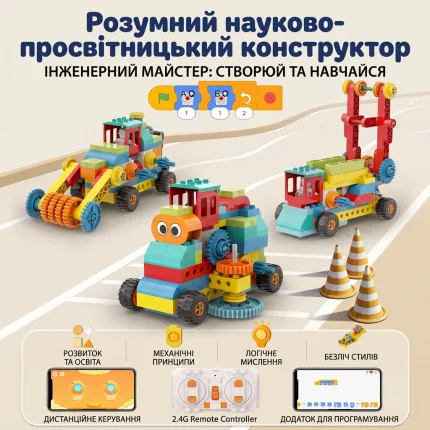Програмований STEAM-конструктор 50-в-1: моделі будівельної техніки, дистанційне керування пультом 2.4G та візуальне блочне програмування у смартфоні
