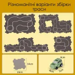 Схеми збірки конфігурацій траси трек-пазла Парк динозаврів з розмірами деталей пазла 14х14 см та зеленого позашляховика 7х4х4 см
